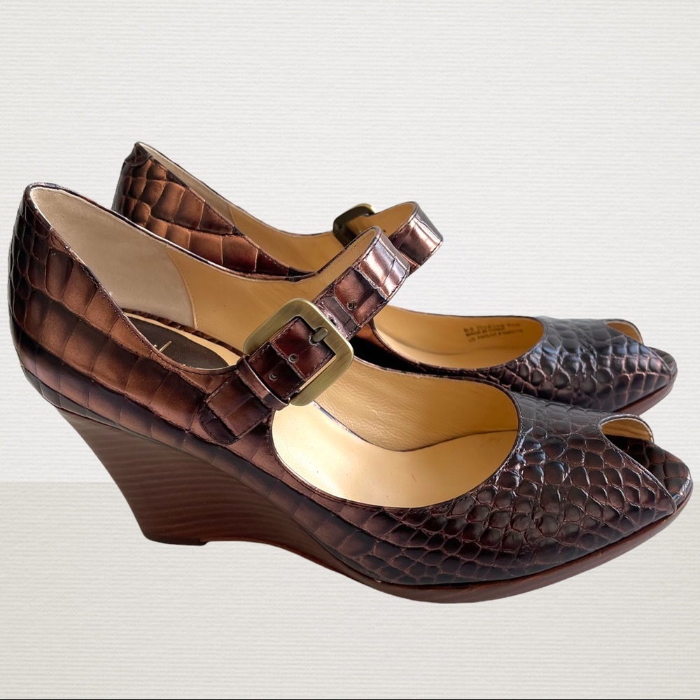 Cole Haan Metallic Bronze Embossed Croc Wedges Peep Toe Womens Sz 8.5B NikeAir